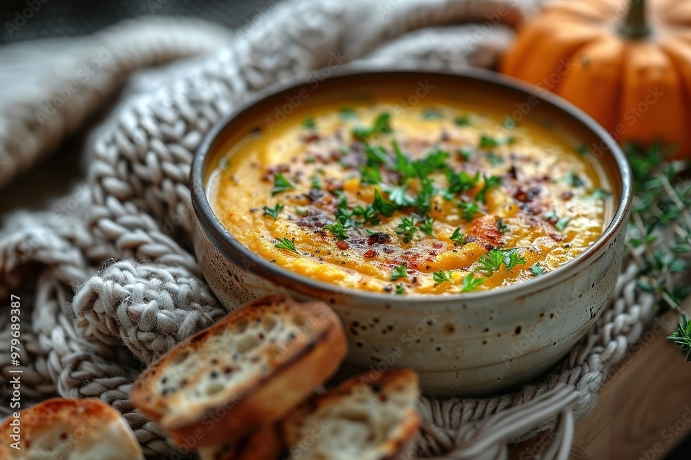 A bowl of soup with bread and parsley on a table A bowl of soup with bread and parsley on a table