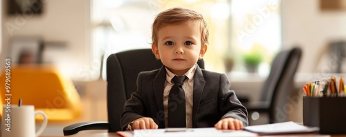 A young child dressed in a formal business suit, seated at a desk in an office setting, humorously portraying a professional executive role.