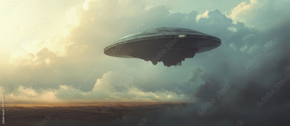 UFO an alien spacecraft suspended over a field among clouds remaining still in the sky Represents unidentified flying objects extraterrestrial life and space travel Mixed media UFO an alien spacecraft suspended over a field among clouds remaining still in the sky Represents unidentified flying objects extraterrestrial life and space travel Mixed media