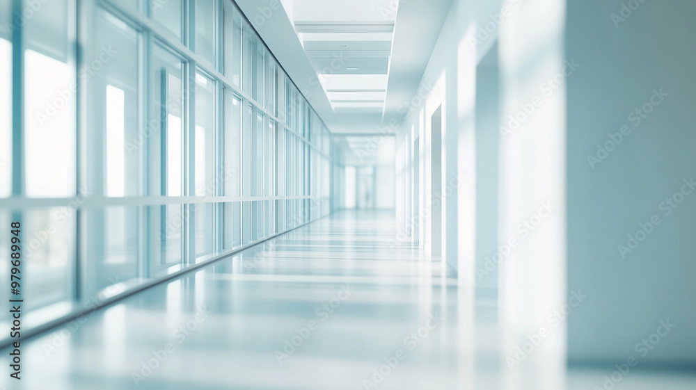 Obraz premium Blurred background of a hospital interior with an empty white corridor.