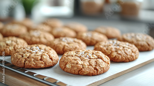 Freshly baked oatmeal cookies arranged on a wooden board, perfect for holiday gatherings and festive celebrations.