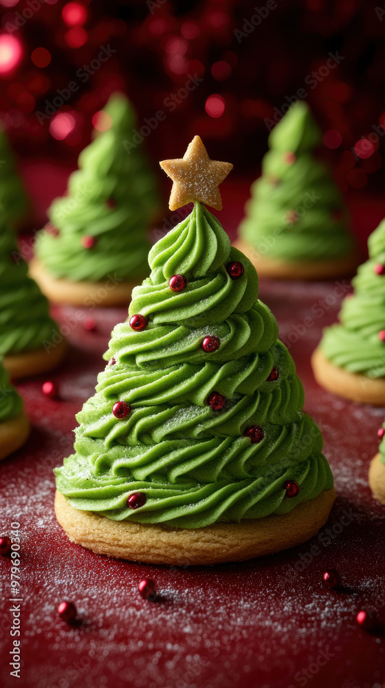 A beautifully decorated Christmas tree cookie topped with green frosting, adding a festive touch to holiday gatherings. A beautifully decorated Christmas tree cookie topped with green frosting, adding a festive touch to holiday gatherings.