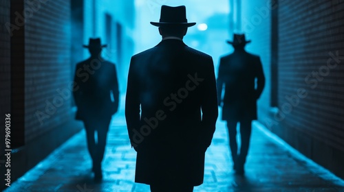 Three men wearing suits and hats walking down a dark alleyway