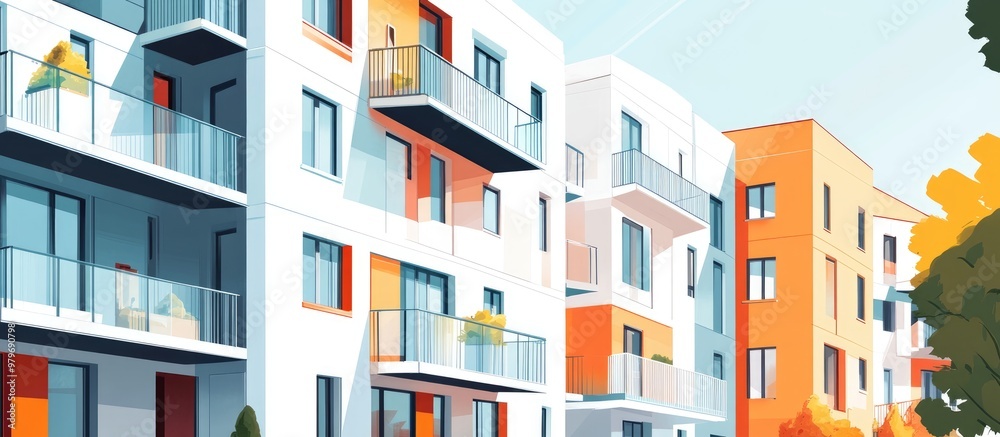 Modern apartment complex featuring windows balconies and outdoor amenities showcasing a contemporary design in mixed media Modern apartment complex featuring windows balconies and outdoor amenities showcasing a contemporary design in mixed media