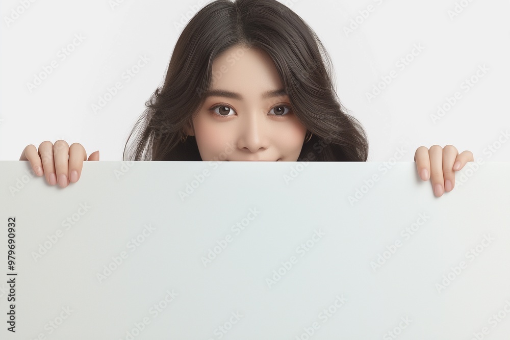 Cheerful young Asian woman standing behind blank white banner Cheerful young Asian woman standing behind blank white banner
