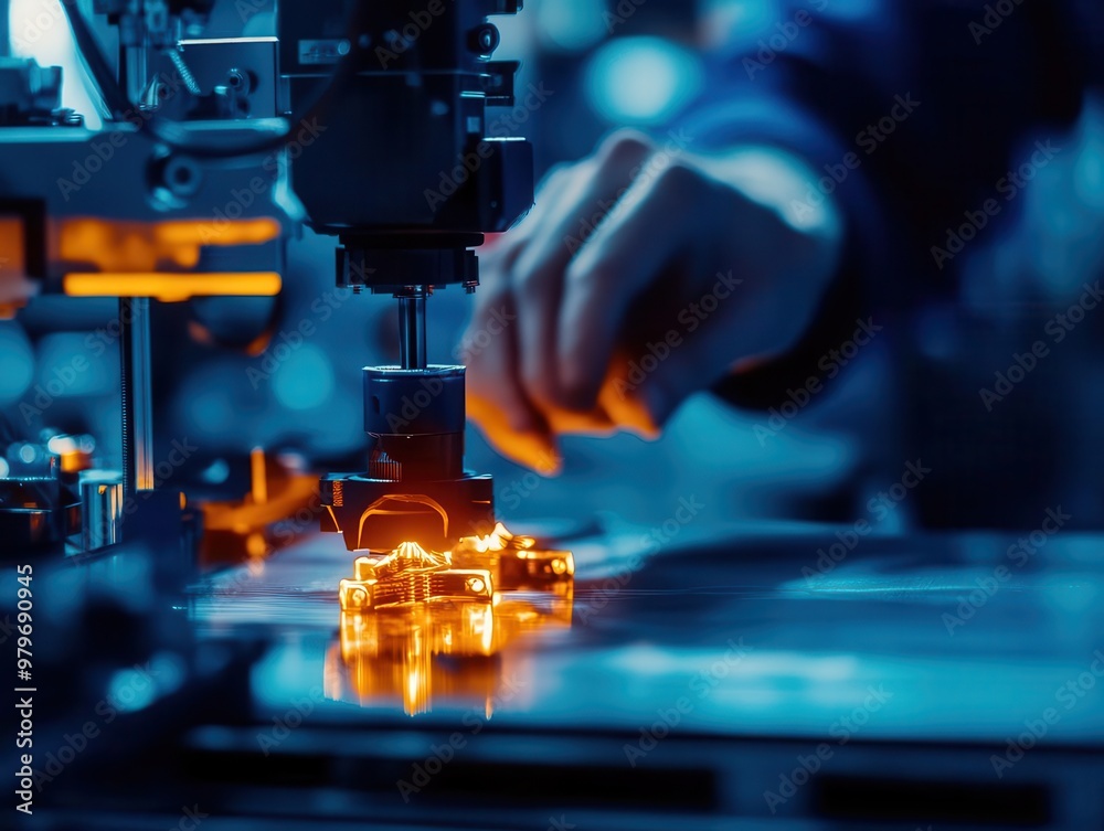 An engineer working with a 3D printer as it fabricates a detailed model An engineer working with a 3D printer as it fabricates a detailed model