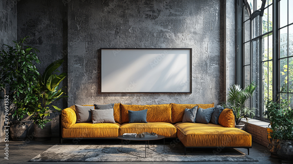 A modern living room with a yellow couch and a large window A modern living room with a yellow couch and a large window