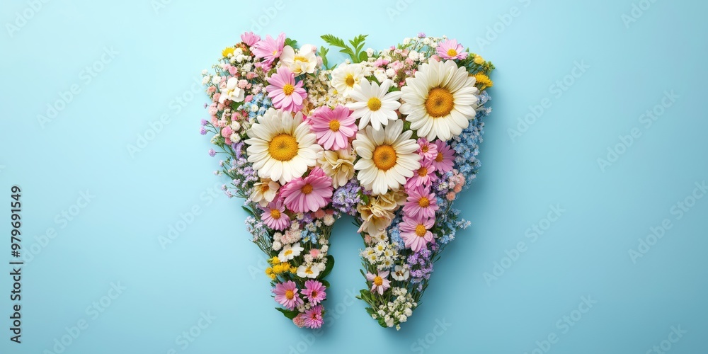 A flowery toothbrush with a blue background. The flowers are pink, yellow, and white