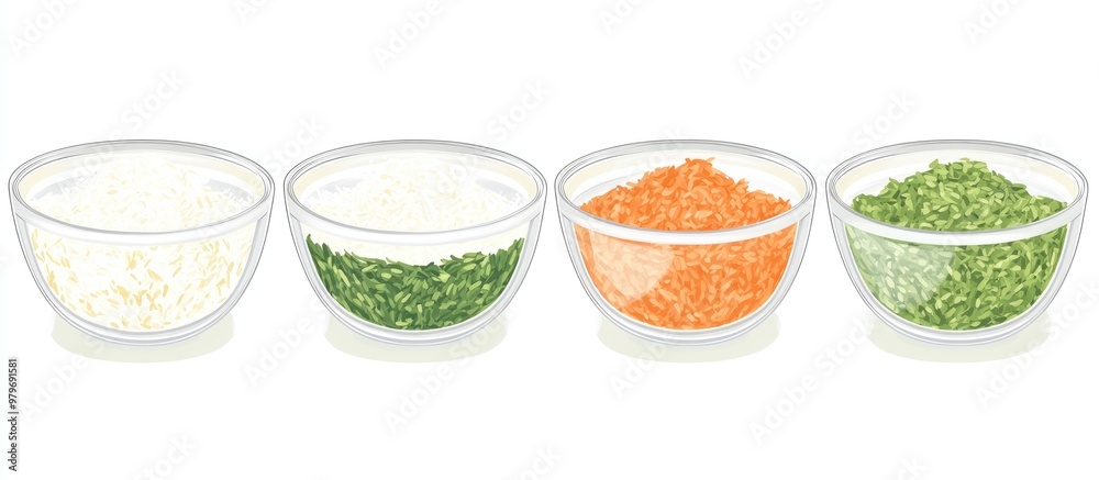 Measured ingredients in glass bowls for rice preparation Measured ingredients in glass bowls for rice preparation