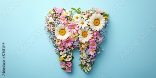 A flowery toothbrush with a blue background. The flowers are pink, yellow, and white