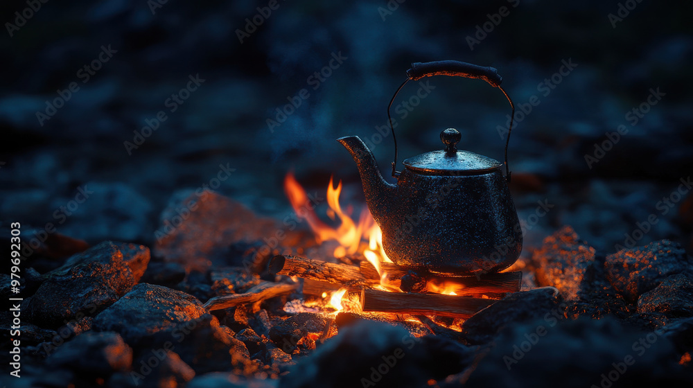 A kettle on a campfire, surrounded by rocks, emitting steam in a twilight setting. A kettle on a campfire, surrounded by rocks, emitting steam in a twilight setting.