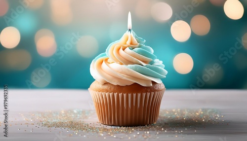 Delicious birthday cupcake on table on light background 