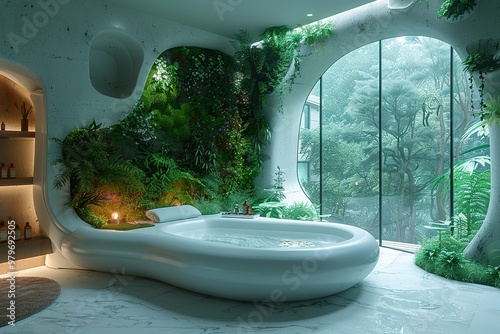 A white bathtub with a green plant growing out of it photo