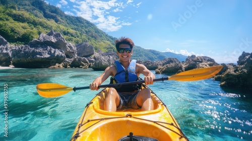 Portrait of a happy male in kayak boat exploring rocky valley in shallow sea photo