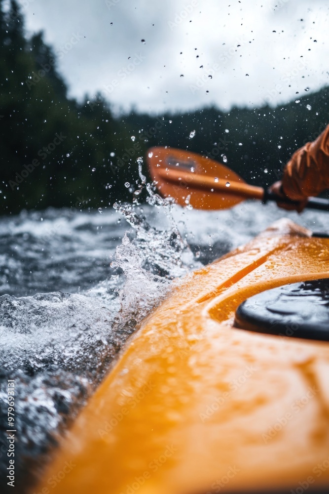 Fototapeta premium A kayaker rafting struggling with water splashes in boat in rapid river in mountain