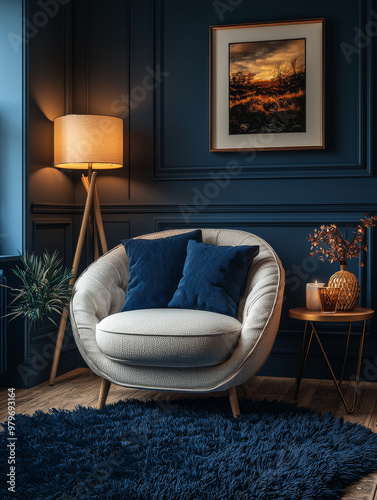 A cozy living room with a white armchair, a blue rug, and a warm lamp.