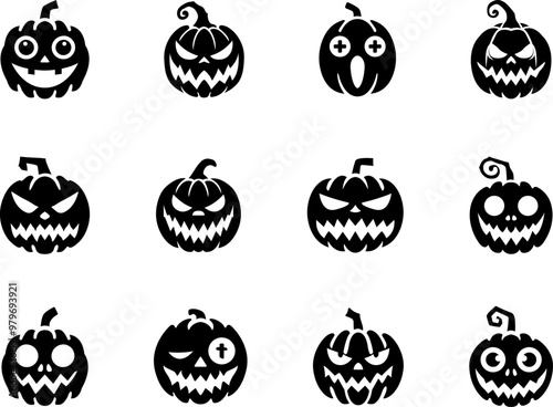 Horror and scary halloween faces silhouette icon, Pumpkin, emoji and tattoo ghost smile spooky jack evil mouth eyes scary silhouette vector illustration .