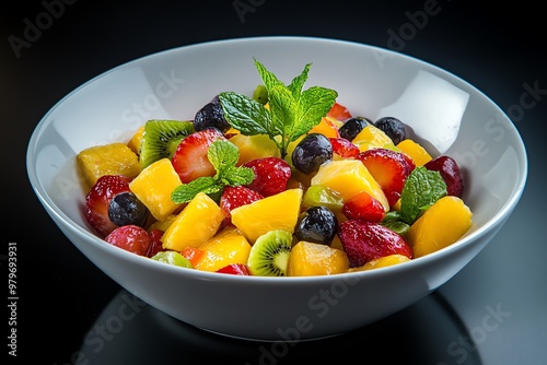 A vibrant bowl of fresh fruit, featuring colorful berries, mango, and mint, perfect for a healthy dessert or snack.