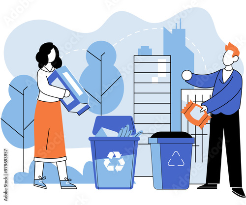 Waste recycling. Vector illustration. Reusing materials reduces demand for new production and lowers carbon emissions Saving environment through recycling requires collective effort from society