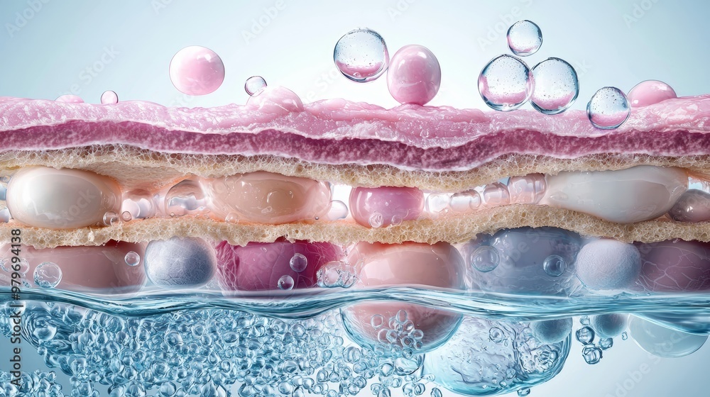 A cross-section of skin layers showing hydration bubbles infusing into the cells, representing deep skin nourishment and care. A cross-section of skin layers showing hydration bubbles infusing into the cells, representing deep skin nourishment and care.