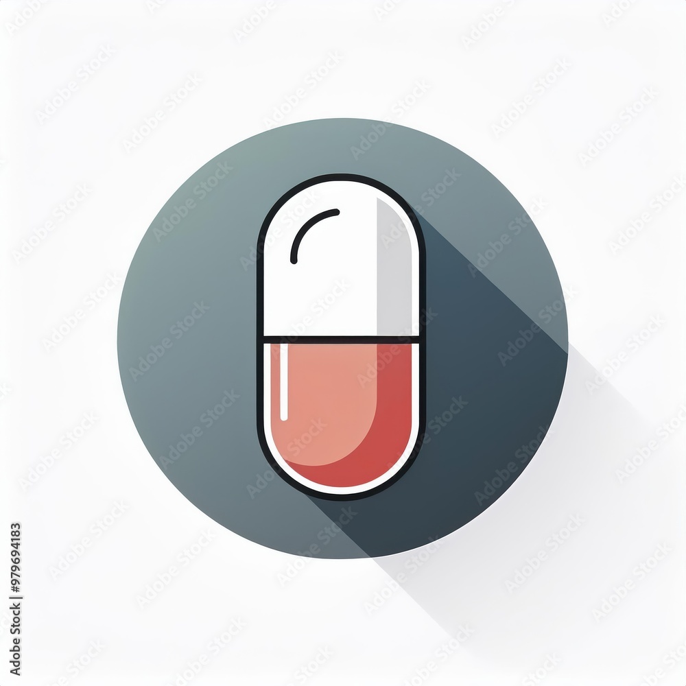 Minimalist Icon of a Red and White Capsule Pill with Long Shadow on a Light Background. Clean, Flat Design with Soft Stripes for Medical Pharmaceutical, or Health Related Concepts Vector Logo Icon PNG Minimalist Icon of a Red and White Capsule Pill with Long Shadow on a Light Background. Clean, Flat Design with Soft Stripes for Medical Pharmaceutical, or Health Related Concepts Vector Logo Icon PNG