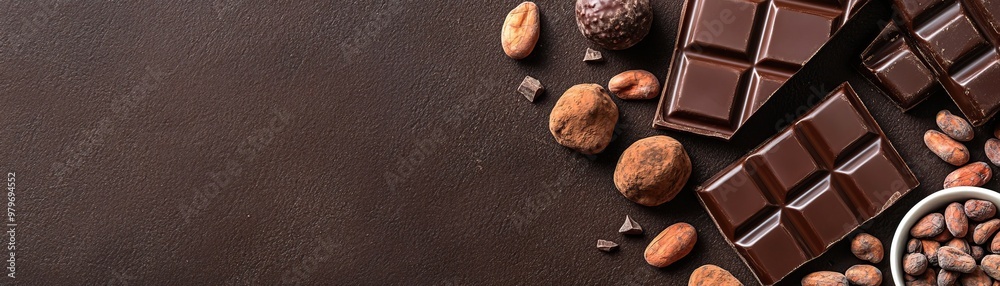 A delightful arrangement of dark chocolate bars and cocoa beans on a rustic surface, perfect for dessert themes. A delightful arrangement of dark chocolate bars and cocoa beans on a rustic surface, perfect for dessert themes.