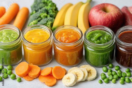 A collection of glass jars filled with healthy baby food