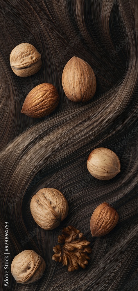 A luxurious composition of long hair intertwined with nutrient-rich nuts like walnuts and hazelnuts, symbolizing hair nourishment through natural oils. A luxurious composition of long hair intertwined with nutrient-rich nuts like walnuts and hazelnuts, symbolizing hair nourishment through natural oils.