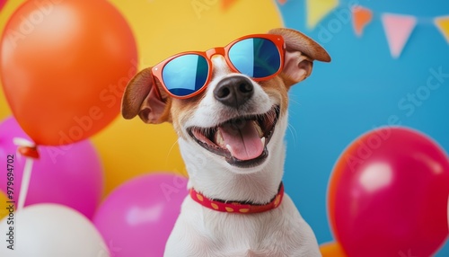 A joyful dog wearing cool sunglasses, surrounded by balloons and festive decorations, ready to enjoy the lively party. photo