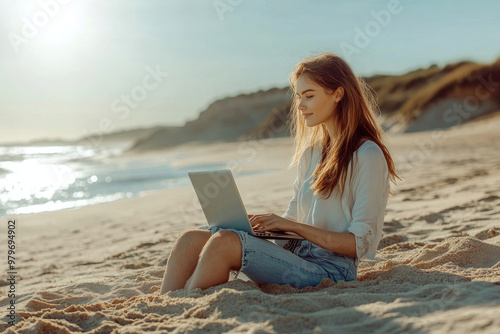 Young woman freelancer working on a laptop while sitting on the beach