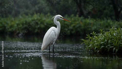 Egret standing still in gentle rain