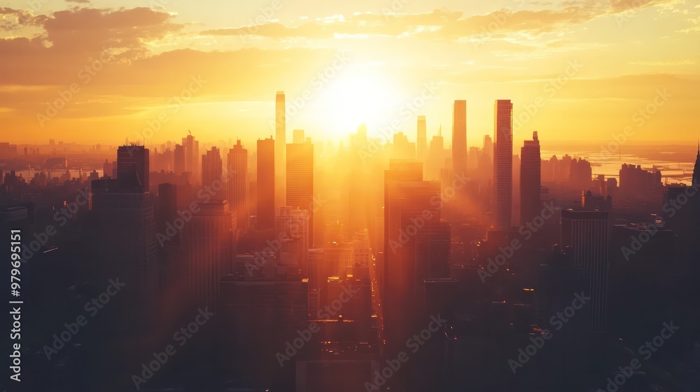 The sun is setting over a city with tall buildings The sun is setting over a city with tall buildings