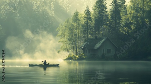 A man kayaking in still lake water with forest and lake house photo