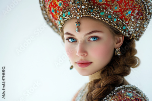 Russian beauty with a thick braid and a kokoshnik on her head