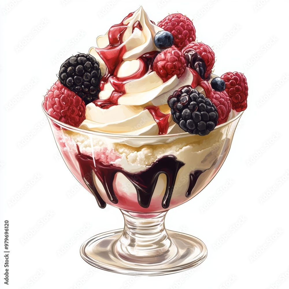 Delicious Dessert with Whipped Cream Raspberries Blackberries and Blueberry Sauce Delicious Dessert with Whipped Cream Raspberries Blackberries and Blueberry Sauce