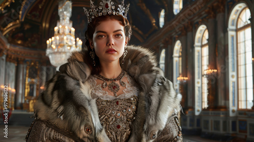 Empress Anna Ivanovna of Russia, adorned in magnificent imperial robes with fur trim and intricate jewelry, wearing a crown with precious stones, standing in the grand Winter Palace.