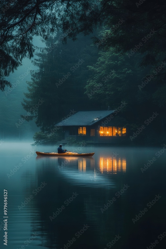 Fototapeta premium A man kayaking in still lake water with forest and lake house