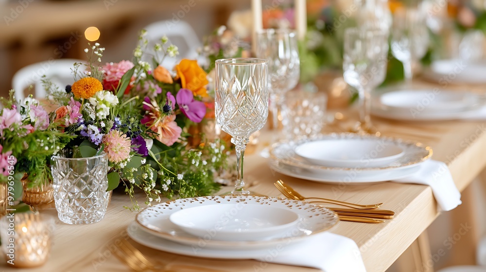 Boho-inspired table setting with mismatched plates, crystal glasses, and wildflowers Boho-inspired table setting with mismatched plates, crystal glasses, and wildflowers