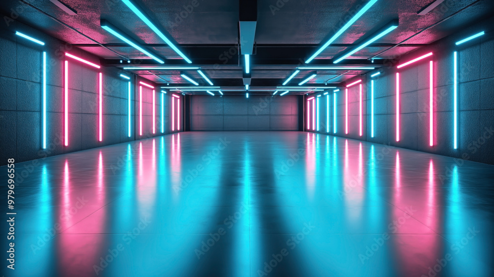 Futuristic empty corridor with pink and blue neon lights on the walls and ceiling, reflecting on the polished floor.
