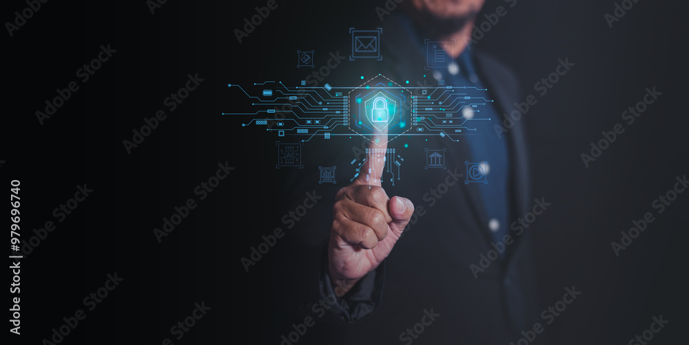 A businessman interacting with a digital interface, Cyber security, and Security password login online concept emphasizing technology and innovation in a modern workspace.