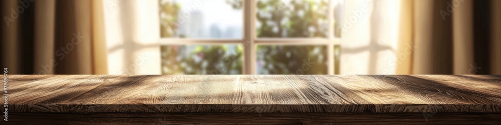 wooden table on the background of the window. Selective focus wooden table on the background of the window. Selective focus