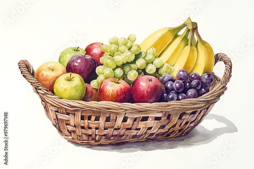 A colorful assortment of fresh fruits in a woven basket, including apples, bananas, grapes, and more, perfect for healthy living.