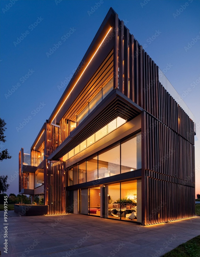 Modern architectural design of a contemporary building at dusk with warm lighting accents Modern architectural design of a contemporary building at dusk with warm lighting accents