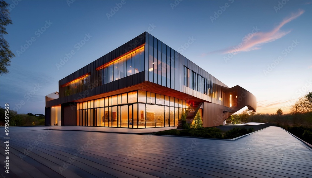 Modern architectural design of a contemporary building at dusk with warm lighting accents Modern architectural design of a contemporary building at dusk with warm lighting accents