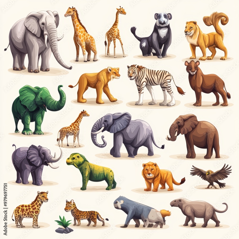 Obraz premium Cartoon Animals Set Elephant Lion Giraffe Tiger Zebra Bear Eagle Hyena Leopard