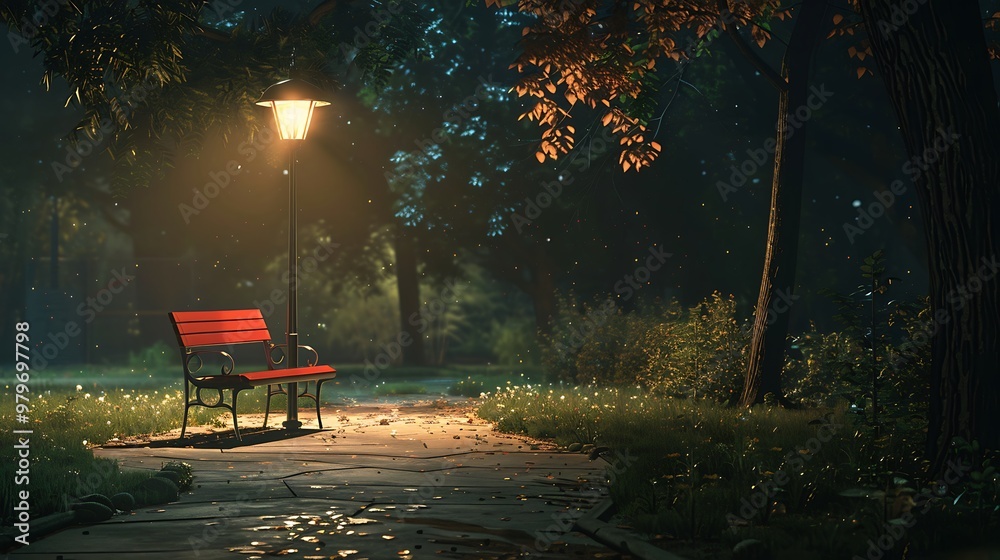 Obraz premium A park chair placed in the middle of a park at night