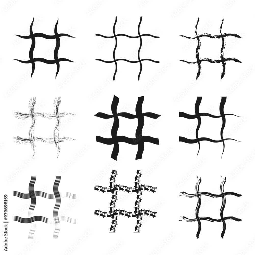 Wavy grid designs. Black abstract patterns. Vector decorative elements. Creative geometric shapes. Wavy grid designs. Black abstract patterns. Vector decorative elements. Creative geometric shapes.