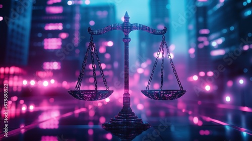 Futuristic Digital Scales of Justice in Neon Cityscape - Symbol of Law and Technology Integration in Modern Urban Environment photo