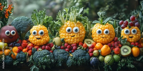 An imaginative urban world where fresh produce with eyes adds a touch of magic to everyday city life