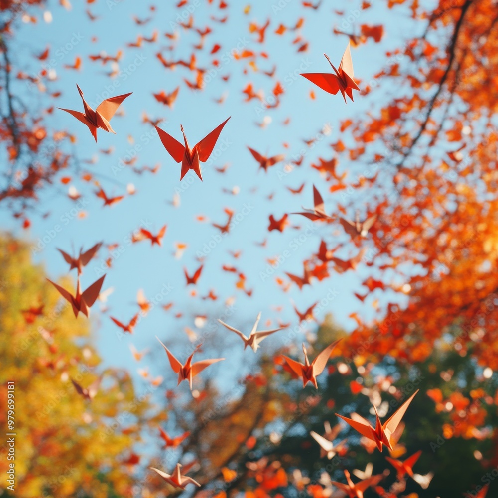 Red Origami Cranes Flying in Autumn Leaves Red Origami Cranes Flying in Autumn Leaves